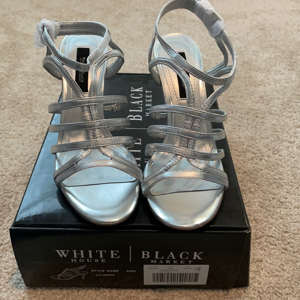 WHBM Silver strappy heels